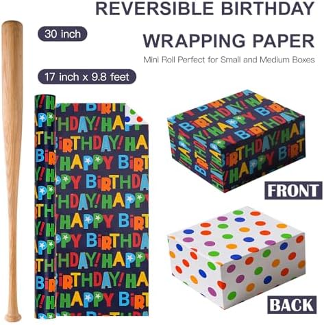 WRAPAHOLIC Reversible Birthday Wrapping Paper Roll - Mini Roll - 17 Inch x 10 Feet - Colorful Happy Birthday Wrapping Paper with Polka Dots Design for Boys Girls Kids, Baby Shower, Holiday, Party