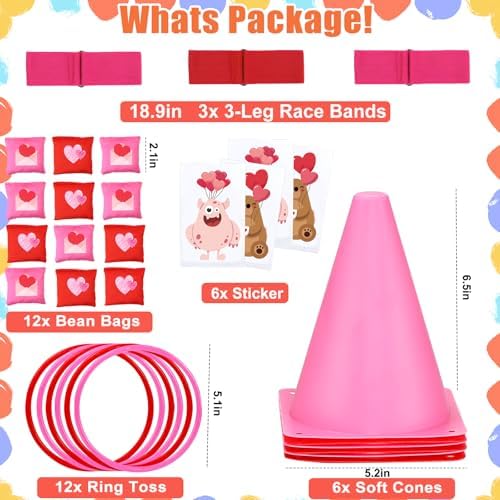 39Pcs 4 in 1 Valentines Day Party Games for Kids with Ring Toss, Plastic Cones, Bean Bags, 3-Legged Race Bands, Stickers, Carnival Valentine's Games Activity Combo Set for Classroom Indoor Outdoor