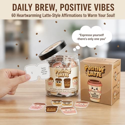 Positive Latte Jar with 60 Affirmation Cards, Emotional Support Latte Coffee, Funny Christmas Coffee Lover Themed Gift for Women, Men, Wife, Husband, Mom, Dad, Friends, Coworkers