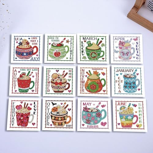 YOKUSHI 12 PCS Monthly Diamond Art Painting Greeting Cards, 12 Month from Jan - Dec Craft DIY Card Making Kits for Adults Gifts (Month)