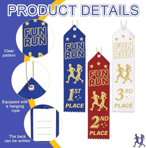 Thiccywoov 90 Pcs Fun Run Ribbons for 1st, 2nd, 3rd Place, 8" x 2" Fun Run Award Ribbons with Event Card and String for Sports Event, Competition Prize Gift, Contest Ornaments