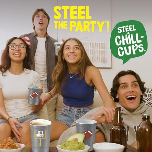 Steel Chill Cups 16 oz. Reusable Party Cups, Football, Gray, 12 Count
