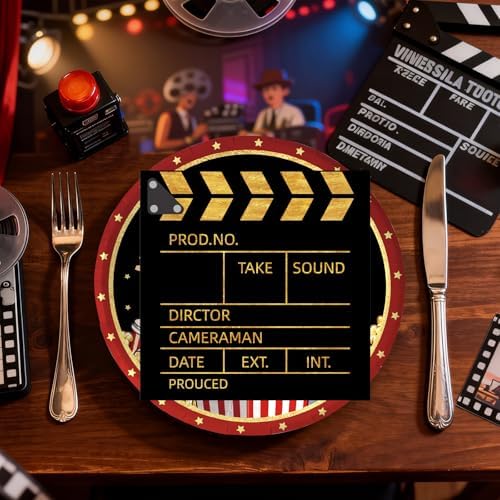 50Pcs Movie Night Plates and Napkins Party Supplies, Disposable Movie Theme Birthday Paper Plates Napkins Tableware Set for Film Action Lights Camera Popcorn Birthday Party Decorations (Movie Night)