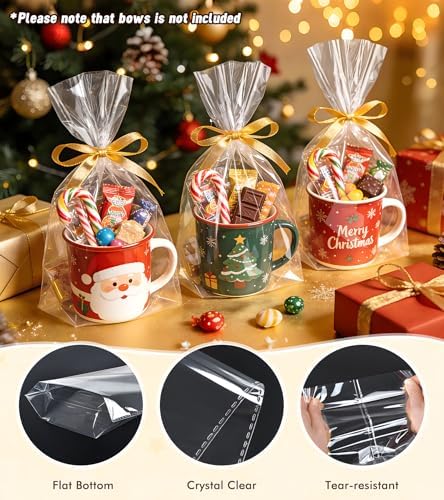Flat Bottom Cellophane Bags with Twist Ties, 100 Pcs 7x3x12 Inches Cellophane Wrap for Gift Clear Cello Bags Flat Bottom Clear Treat Bags Plastic Packaging for Cookie Candy Goodie (No Side Gusset)