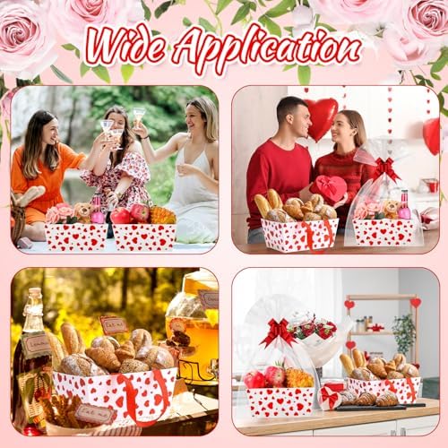 Moinchore 12 Set Mother's Day Basket for Gifts Empty 9.8x6.5'' Red Heart Market Tray Cardboard with Bows, Cellophane Bags, Twist Tiles, Empty to Fill for Valentine Birthday Bridal Wedding Party Supply