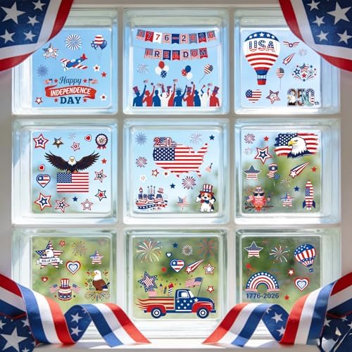 9 Sheets 4th of July Window Clings, Patriotic Red White and Blue Window Stickers with USA Flag, Eagle, Reusable Static Decals for 250th Anniversary Independence Day, Memorial Day