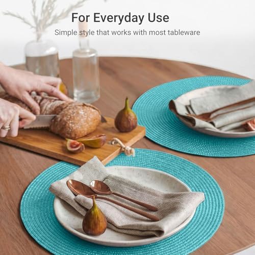 FunWheat Round Braided Placemats Set of 6 Table Mats for Dining Tables Woven Washable Non-Slip Place mats 15 inch(Turquoise, 6pcs)