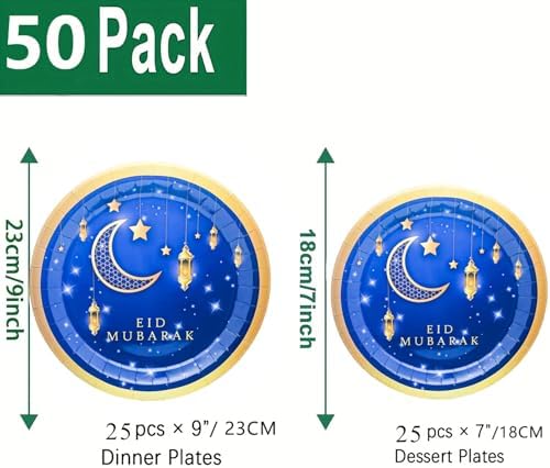 50Pcs Ramadan Eid Mubarak Party Supplies Bluk Ramadan Eid Mubarak Plates Set 9"Ramadan Dinner Plates 7"Blue and Gold Eid Mubarak Plates for Eid Al Adha Islamic Ramadan Birthday Decor Serves 25