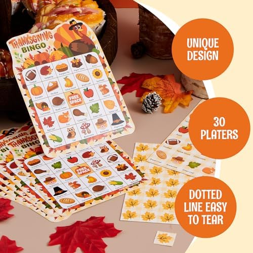 JOYIN 30-Player Thanksgiving Bingo Game Cards for Kids & Family Activities, School Classroom Party Games, Autumn Holiday Favors Supplies