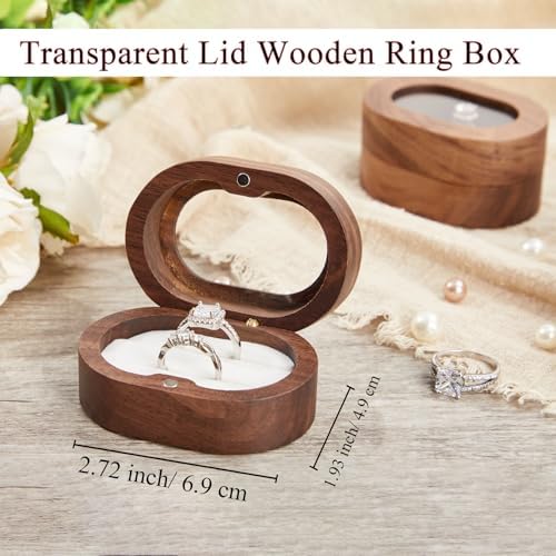 Roycraft Mr & Mrs Wedding Ring Box Oval Transparent Lid Wooden Ring Box with 2 Slots for Engagement Wedding Anniversary (Brown Inner)