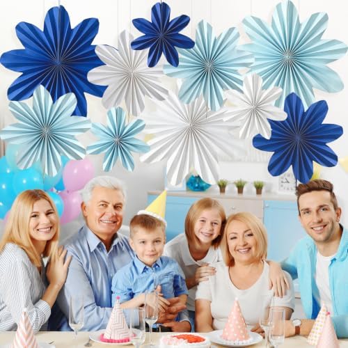 Blue Paper Flowers Navy Blue White Hanging Paper Fans 10Pcs