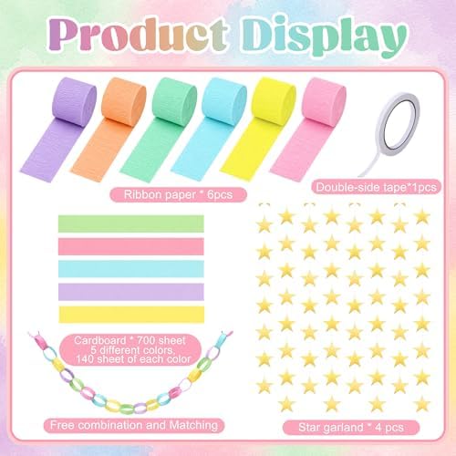 700 Sheet Macaron Paper Chain Strips and 52 ft Gold Star Garland Set