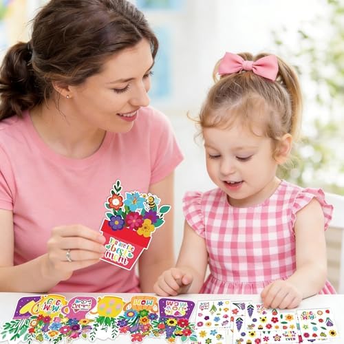 JUNEBRUSHS Mother's Day Card Craft Kit, 32 Floral DIY Craft with Stickers Mother's Day Hanging Ornament for Classrooms Office Festival Decor Gifts for Mom Ladies Grandma