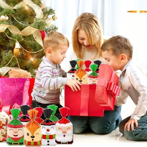 peony man 100 PCS Christmas Cellophane Treat Bags 5.1 x 9.1 Inch Christmas Plastic Candy Bag with Twist Ties 4 Styles Santa Claus Snowman Goodie Bags for Xmas Holiday Home Party Supplies