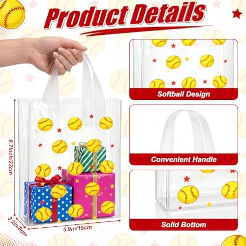 Pajean 12 Pcs Softball Plastic Gift Bags with Handles, 5.9 x 8.7 x 3.1 Inch Baseball Theme PE Treat Bags, Yellow Sport Candy Goodie Pouches for Classroom Exchange, Party Favor, Sports Event Supplies