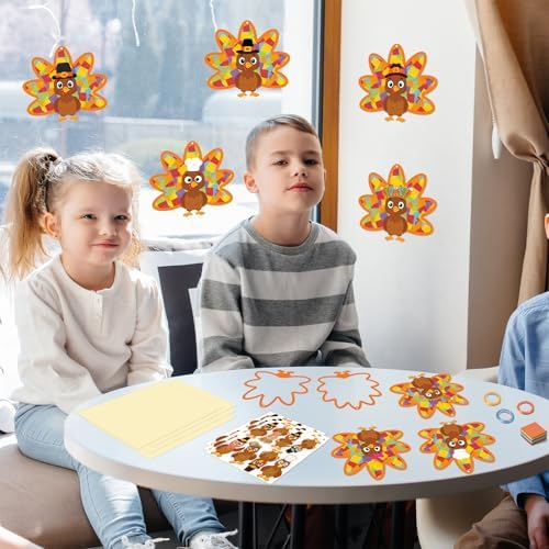 Renbuzhu 36PCS Thanksgiving Crafts Bulk: Turkey Paper Suncatchers DIY Kit for Fall Activities Decorations, Window Stained Glass Effect Art Supplies
