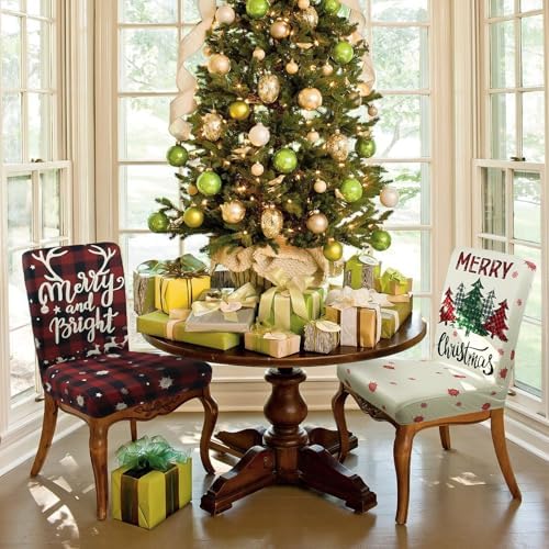 Christmas Chair Covers Set of 4 Xmas Tree Snowflakes Buffalo Plaid Stretch Parsons Chair Slipcovers for Winter Christmas Dining Room Decor Chair Seat Protectors(Christmas Red,4PCS)