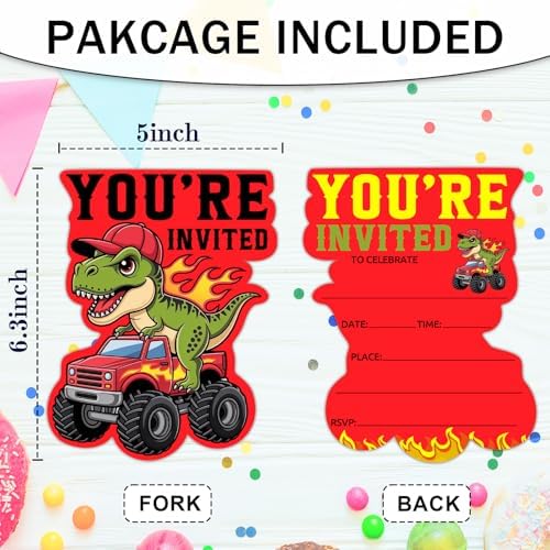 Red Truck Birthday Party Invitations, Dinosaurs Monster Truck Shaped Invitations for Kids Boys, Monster Truck Theme Birthday Party Decorations Supplies Favors, 20 Set Invites Cards with Envelopes