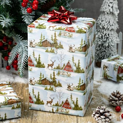 MAYPLUSS Christmas Wrapping Paper Roll - 17 In x 33 Feet - Cute Watercolor Christmas Tree Reindeer Log Cabin Gift Wrap Paper for New Year, Holiday, Kids