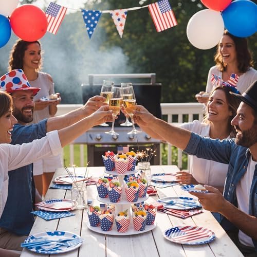 Maxdot 200 Pcs Patriotic Tulip Cupcake Liners for Baking 4th of July Muffin Baking Cups Red Blue White Stars Stripes Tulip Muffin Liners Wrappers for Independence Day Memorial Day Party Supplies