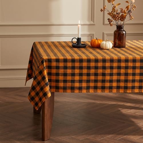 Waterproof Gingham Tablecloth, Checkered Fabric Table Cover for Kitchen Dining, Black & Orange Plaid Table Cloth, Rectangle Table Cloth for Indoor Outdoor Use, W60 x L120 in