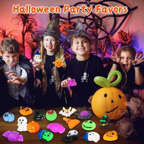 OCATO 50Pcs Halloween Mochi Squishy Toys with Pumpkin Bucket for Kids