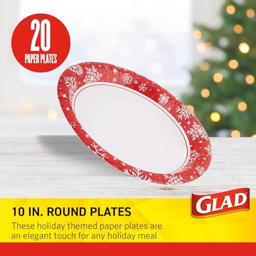 Glad Disposable Paper Plates, Holiday Red Snowflake, 10 Inch, 20 Count