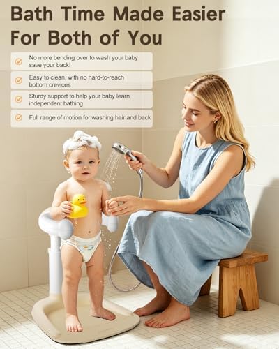 COOSEYA® Baby Shower Stand, Toddler Bath Stand Support with Thicker Colum, Anti-Pinch, Anti-Slip Base, Adjustable Shower Holder for Toddler Standing (Khaki)