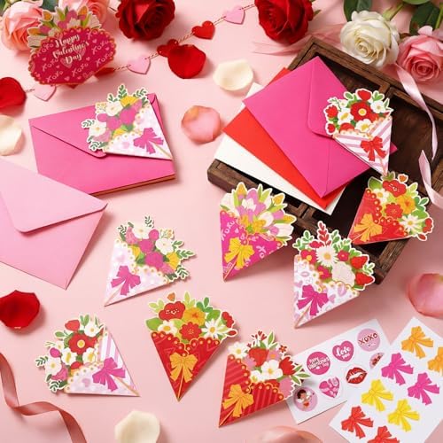 Funrous 24 Pack Valentine's Day Flower Cards with Envelopes Stickers