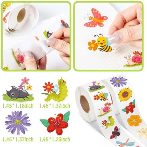 1000Pcs Spring Stickers for Kids, 2 Rolls Summer Flower Butterfly Insect Bugs Self Adhesive Label for Envelope Bottle Decor Seasonal Holiday DIY Crafts Classroom Rewards Party Favors Gifts, 16 Designs
