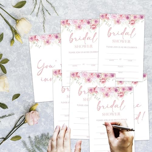 Bridal Shower Invitations, 25 Pink Floral Invites with Envelopes for Bridal Shower Reception Engagement Party, Garden Flower Wedding Party Cards - B10