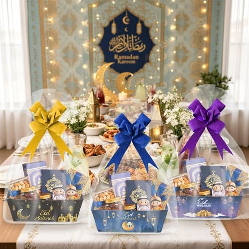 OSNIE Eid Mubarak Gift Bag Empty Baskets - 24 Sets Islamic Eid Gold Lantern and Moon Party Gift Baskets Empty with Cellophane Bags and Ribbons Bows for Festivals Holiday Business Carnival (4 Styles)