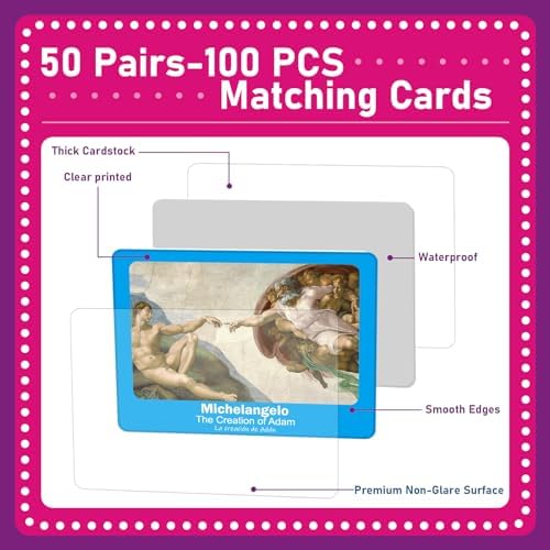 gisgfim 100 PCS Memory Matching Game Famous Paintings Concentration Memory Card for Adults Learning Educational Game A Fun & Fast Artworks Theme Matching Games