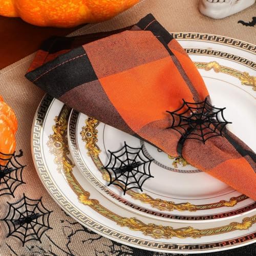Halloween Spider Web Napkin Rings Set of 6, Halloween Napkin Buckle Metal Spooky Serviette Napkin Rings Holder Table Dining Kitchen Room Decoration (Black, M)
