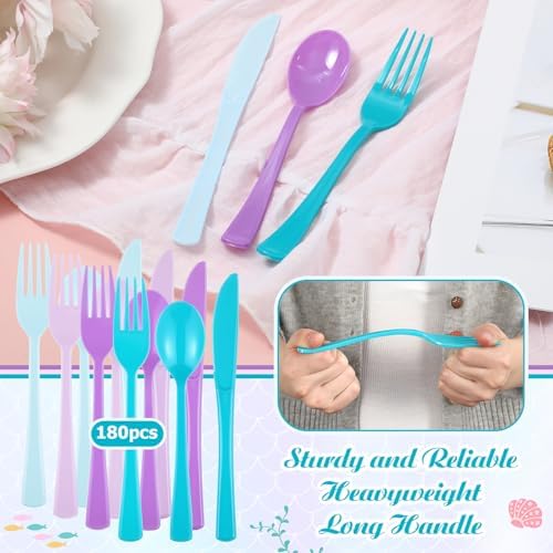 Minatee 180 Pcs Mermaid Plastic Silverware Heavy Duty Cutlery Sets Disposable Utensils for Holiday Birthday Themed Party Supplies, 60 of Each Forks Knives Spoons