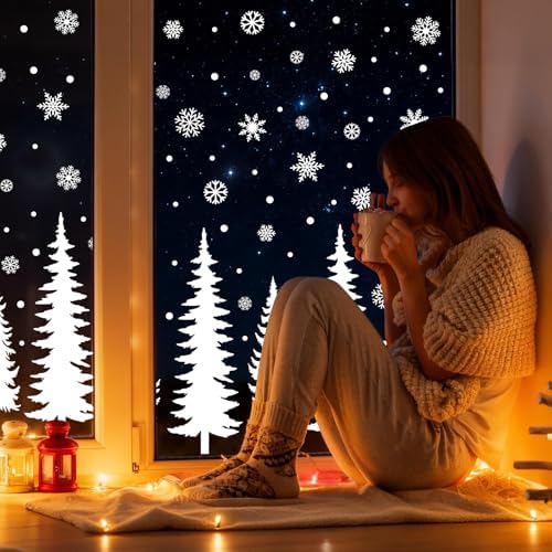 10 Sheets Christmas Window Clings Stickers Winter White Snowflake Christmas Tree Window Decals for Xmas Holiday Party Home Office Shop Glass Display Decoration