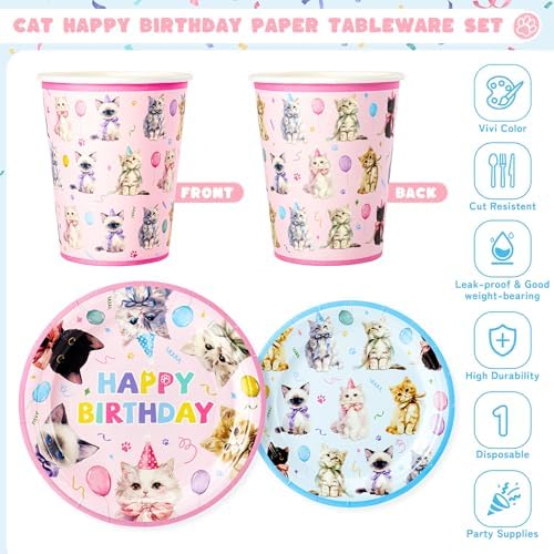 144PCS Cats Birthday Party Plates Set, Blue Pink Birthday Party Supplies