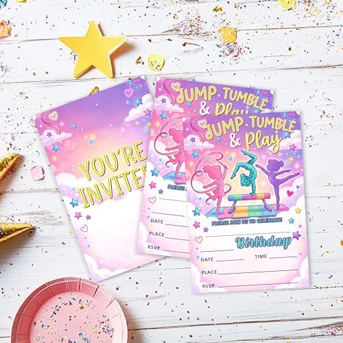Gymnastics Birthday Invitation Girl, Pink Purple Gymnastics Double-Sided Fill In Style Invites with Envelopes for Birthday, Jump Party Invitation For Girls, Teens, Bday Party Favor & Decoration