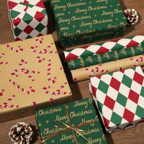 LaRibbons Kraft Christmas Vintage Wrapping Paper Set, 3 Rolls 17" x 120"