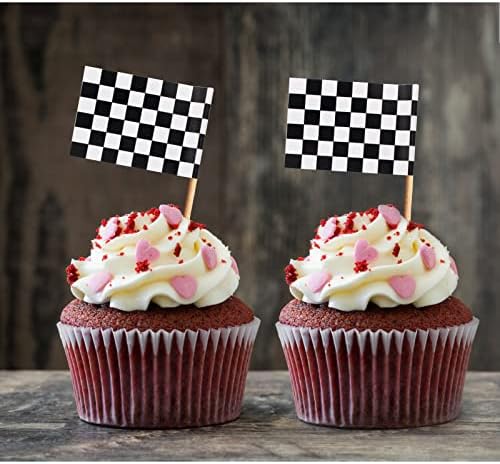 BLUE TOP 100 Pcs Checkered Black and White Racing Stick Flag,Small Toothpick Mini Stick Cupcake Toppers Picks Party Decoration Olympic Games Celebration Cocktail picks for Party Bar Sport events.