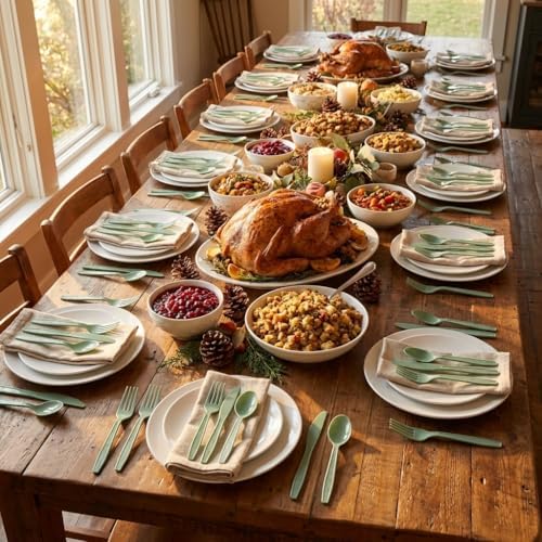360Pcs Sage Green Plastic Silverware Set, Salad Size Disposable for Dessert