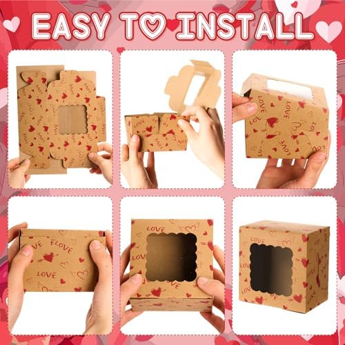 LemonRoad 48 Pcs Heart Kraft Cookie Boxes with Window 4x4x2.5 Inches Love Treat Boxes Containers for Trick or Treaters Candy Pastries Doughnut Brownies Truffles Gift Wrap Wedding Party Supplies