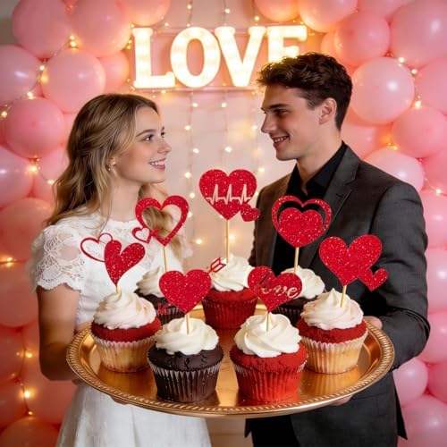 24Pcs Valentine's Day Cupcake Toppers, Glitter Red Heart Cake Decorations