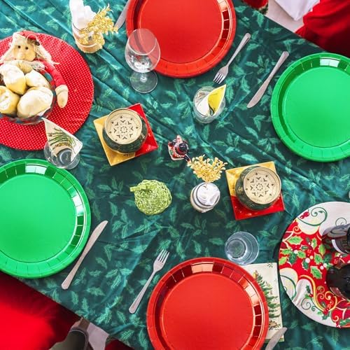 Whaline Christmas Dessert Plate Foil Red Green Disposable Paper Plate Metallic Dinnerware Plates 9 Inch for Xmas Winter Party Supplies Table Decor, 40 Pcs