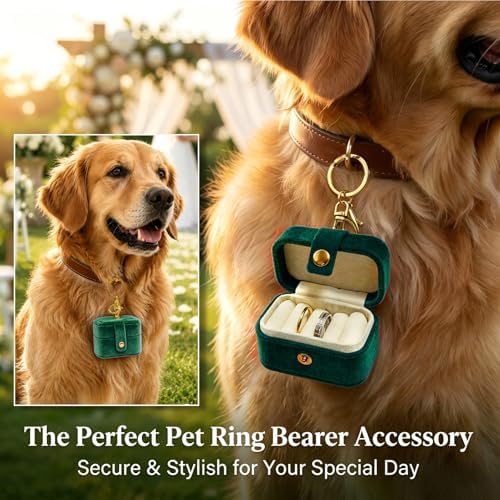 Ring Bearer Pillow Box for Dog Collar, Velvet Wedding Mini Ring Holder Pouch for Pet, Travel Ring Earrings Storage Box for Proposal Engagement Wedding Ceremony Party (Green)