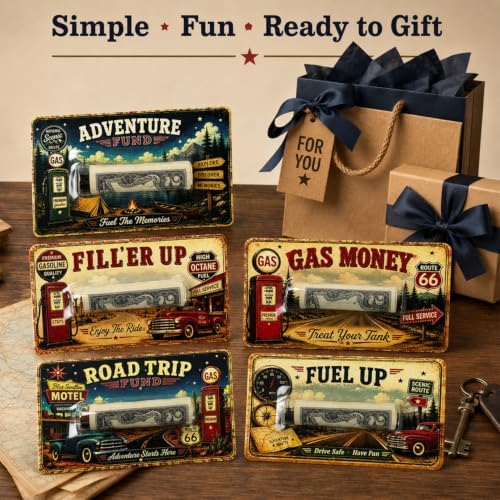 Gas Money Gift Card Holder, Cash Holder Card for Rolled Cash, Funny Road Trip Money Gift, Vintage Adventure Cash Gift for Drivers, Teens, New Driver, Graduation, Birthday, Travel Gift