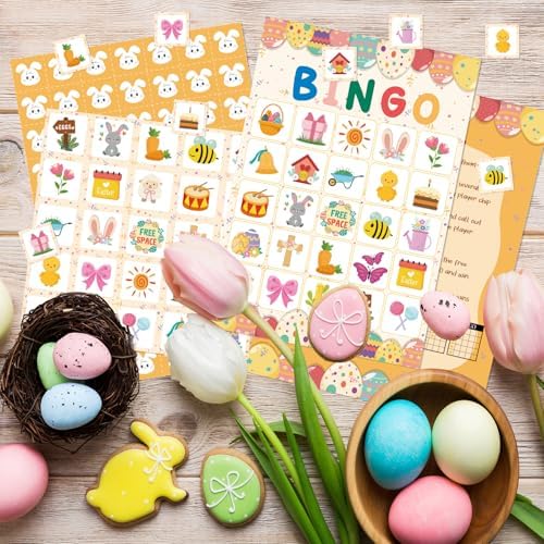 YQUQWN Easter Bingo Game 24 Players Colorful Egg Spring Bingo Cards with Bunny Chick Basket Icons Happy Easter Party Supplies for Holiday Activities