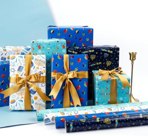 The Dreidel Company Happy Hanukkah Gift-Wrap Chanukah 17.5" Inches X 180" Inches .15' Feet Each Roll, 4 Roll Variety Pack