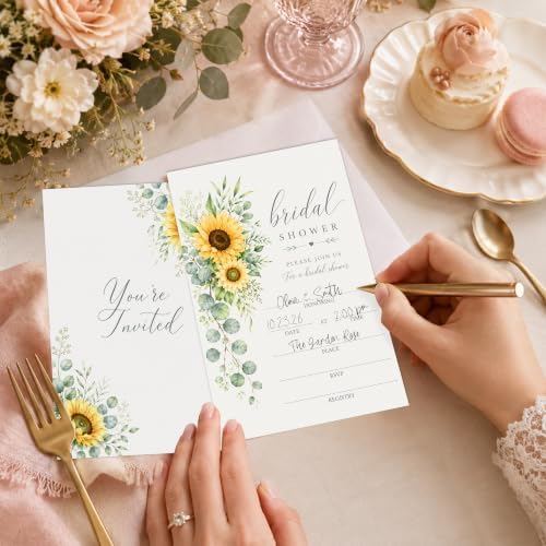 Sunflower Bridal Shower Invitations, Fill In Style Invites With Envelopes for Fall Wedding Reception, Fall Floral Bridal Shower Invitations, Bride To Be Double-Sided Invite Cards, 4 x 6 Inch Set of 25