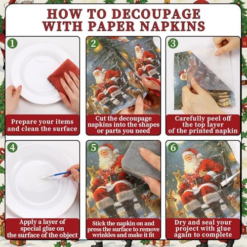 Gueevin 45 Pack Christmas Decoupage Napkins Vintage Holiday Craft Paper